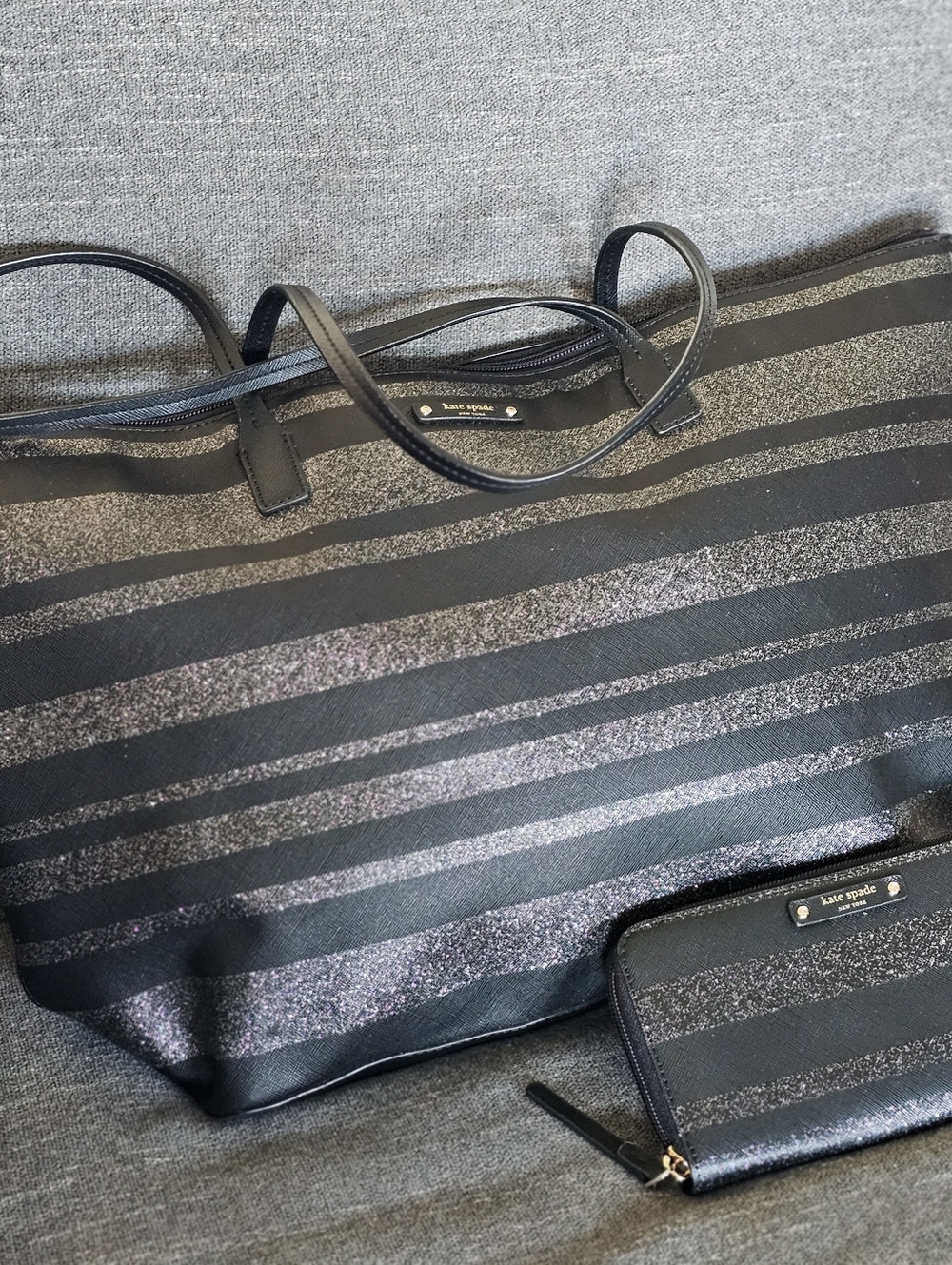 kate spade Haven Lane Black Glitter Stripe Tote with Matching Wallet